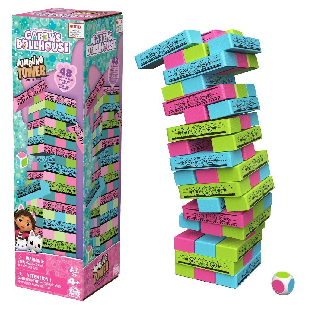 Tact uit Samenstelling Gabby's Dollhouse Jumbling Tower Blokkentoren Spel met 48 Houten Blokjes
