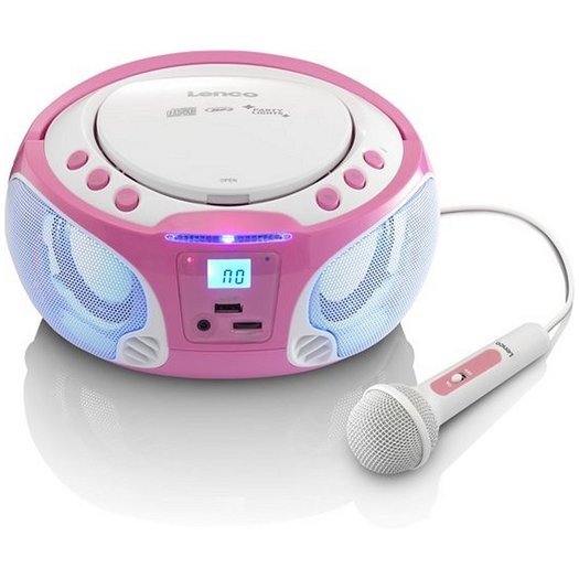 Lenco SCD650 Karaoke RadioCD Speler met Licht en Microfoon Roze/Wit