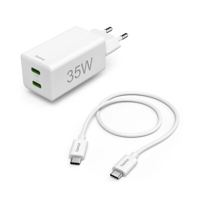Hama Snellader + Kabel 2x USB-C PD/QC Mini-oplader 35W 1 m Wit