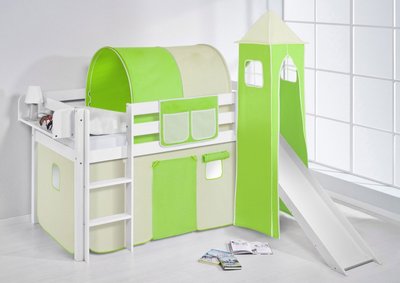 Halfhoogslaper Groen beige met tent, toren en glijbaan