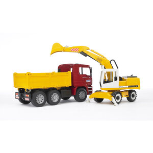 Bruder 2751 MAN TGA Kiepauto met Liebherr Graafmachine Bruder 2751 MAN TGA Kiepauto met Liebherr Graafmachine